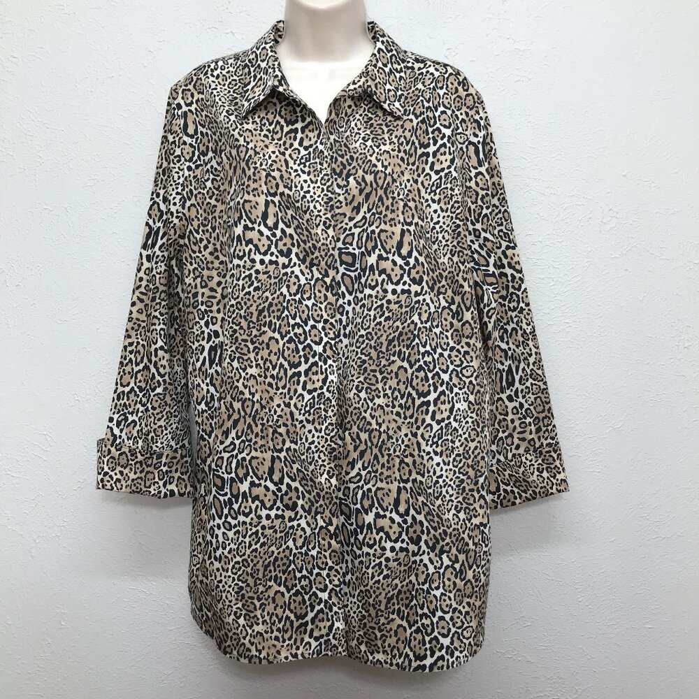 Chicos No-Iron Shirt Top Size‎ 3 Animal Print 3/4 Sleeve Button Up Cotton XL 16
